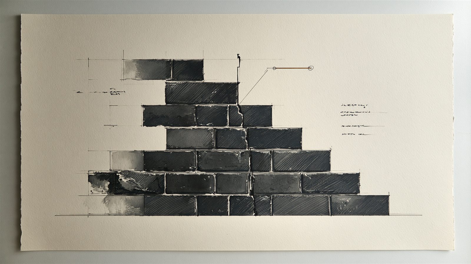 Illustrative sketch: condition survey of a historic Charleston brick wall showing eroded lime mortar joints, spalled faces, and a stepped crack
