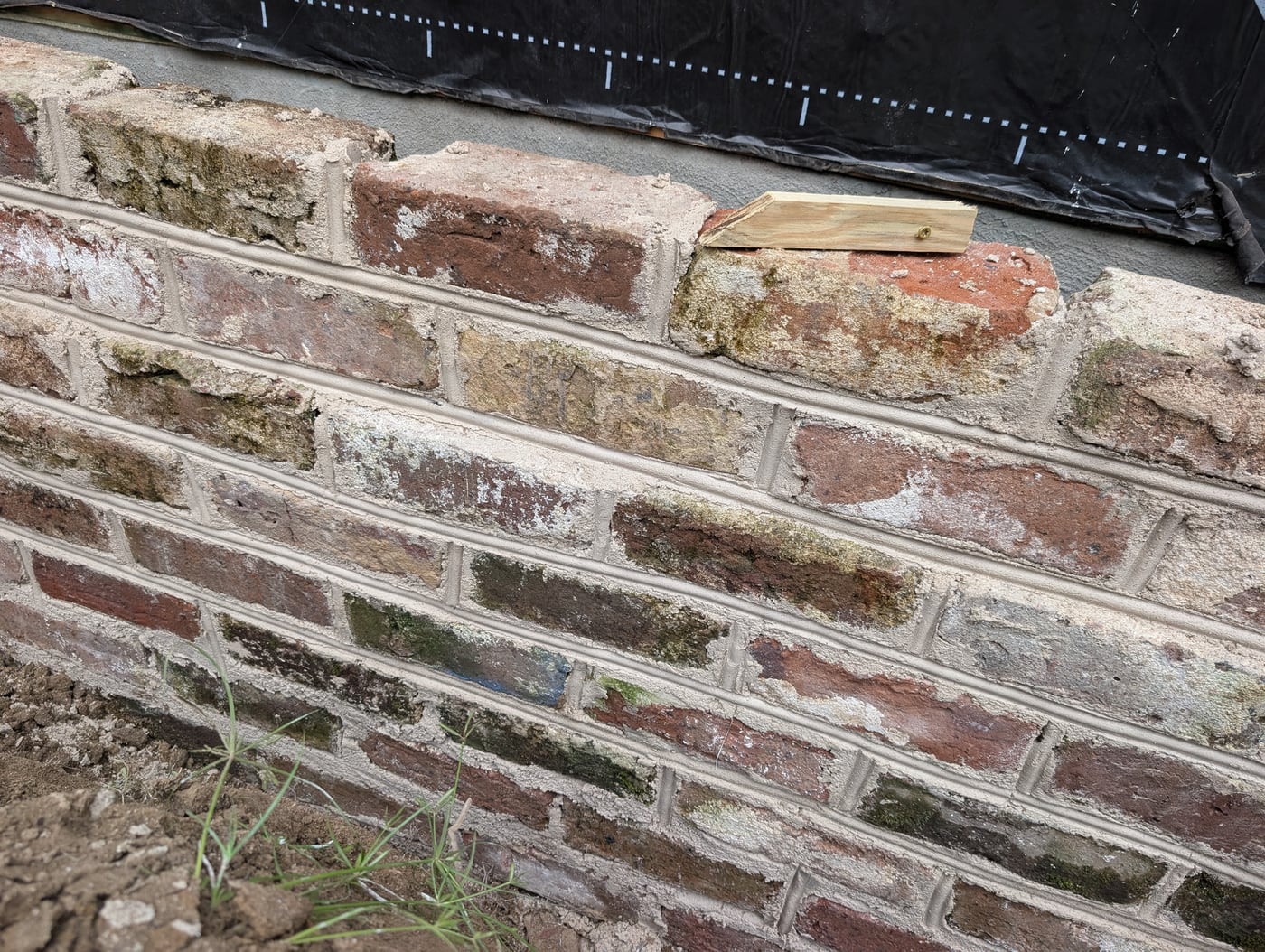 Reclaimed brick coursed into an existing wall, joints struck to match
