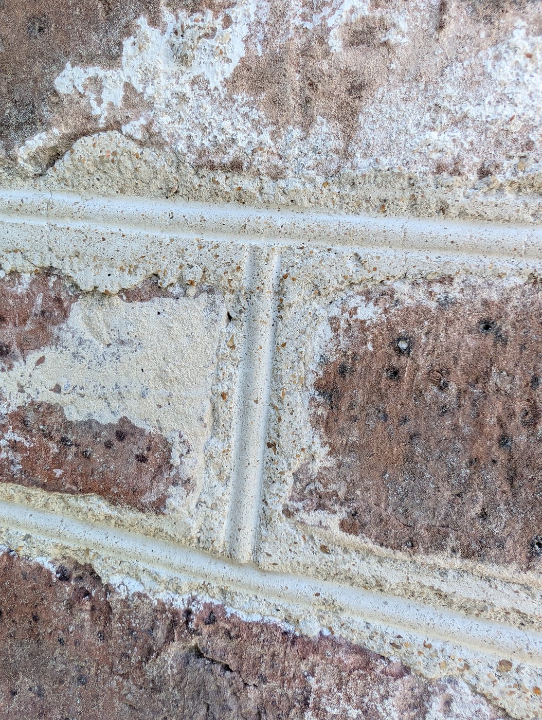 Close view of brick with a hand-worked mortar wash, struck joints showing through